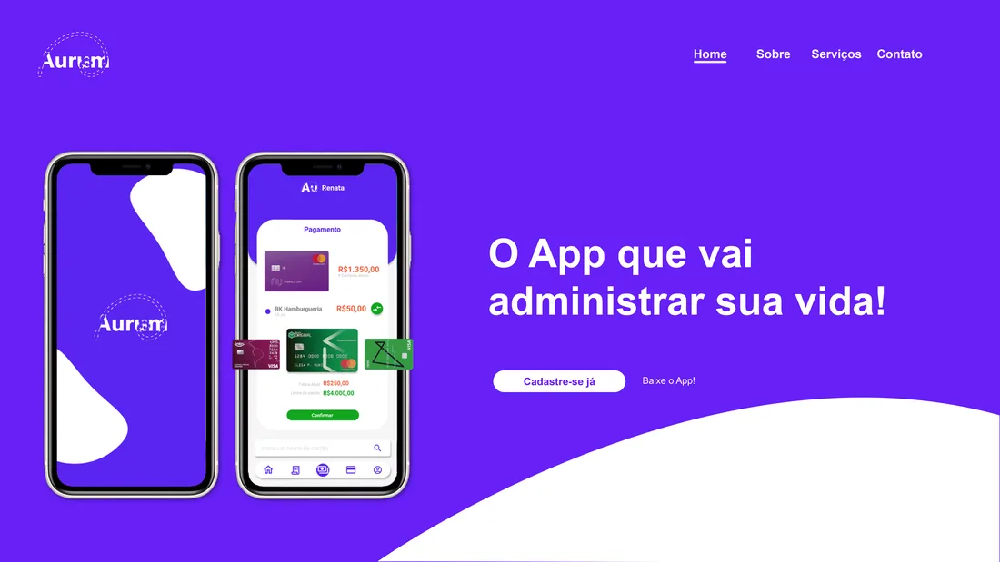 Tela inicial do Aurum, com o aplicativo de gerenciamento de cartões